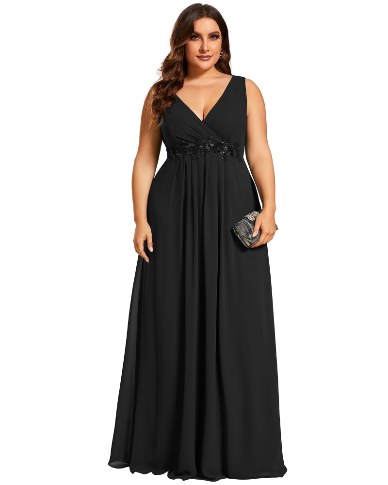 Front of a model wearing a size 24 Floral Applique Sleeveless Chiffon Long Formal Evening Dress in Black by Ever-Pretty. | dia_product_style_image_id:321843